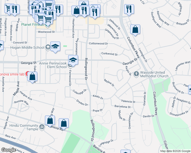 map of restaurants, bars, coffee shops, grocery stores, and more near 608 Lockwood Drive in Vallejo