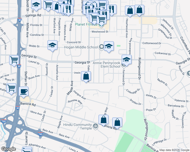 map of restaurants, bars, coffee shops, grocery stores, and more near 748 Beechwood Avenue in Vallejo