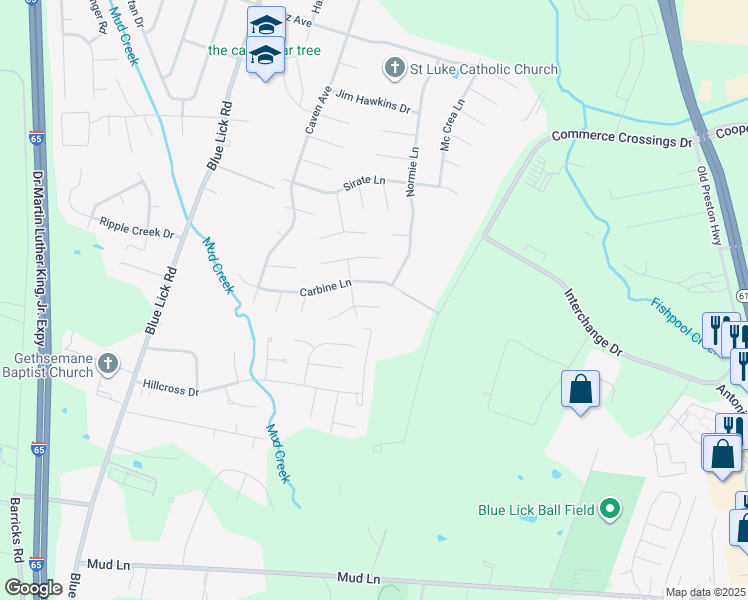 map of restaurants, bars, coffee shops, grocery stores, and more near 10201 Hispanyola Lane in Louisville
