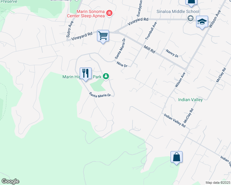 map of restaurants, bars, coffee shops, grocery stores, and more near 95 Blanca Drive in Novato