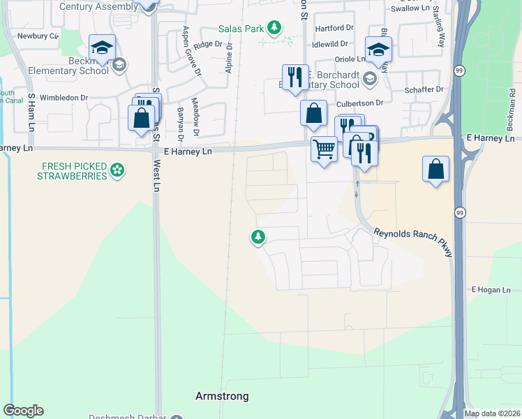 map of restaurants, bars, coffee shops, grocery stores, and more near 85 Bodega Drive in Lodi