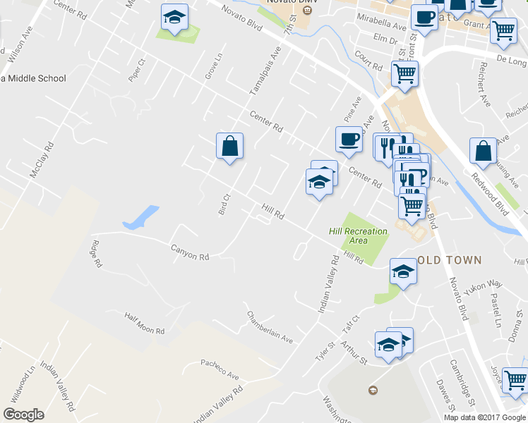 map of restaurants, bars, coffee shops, grocery stores, and more near 1632 Hill Road in Novato