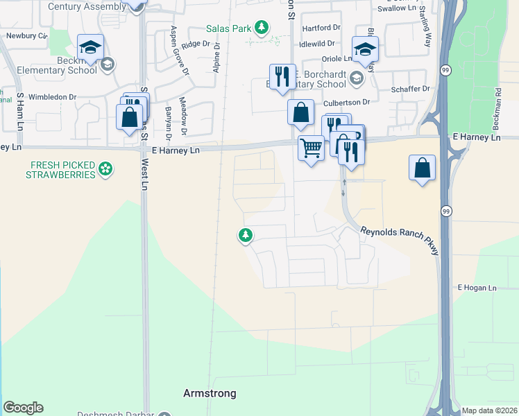 map of restaurants, bars, coffee shops, grocery stores, and more near 109 Bodega Drive in Lodi