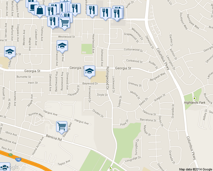 map of restaurants, bars, coffee shops, grocery stores, and more near in Vallejo