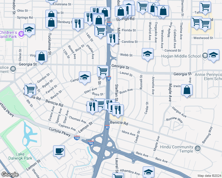 map of restaurants, bars, coffee shops, grocery stores, and more near 642 Lincoln Road East in Vallejo