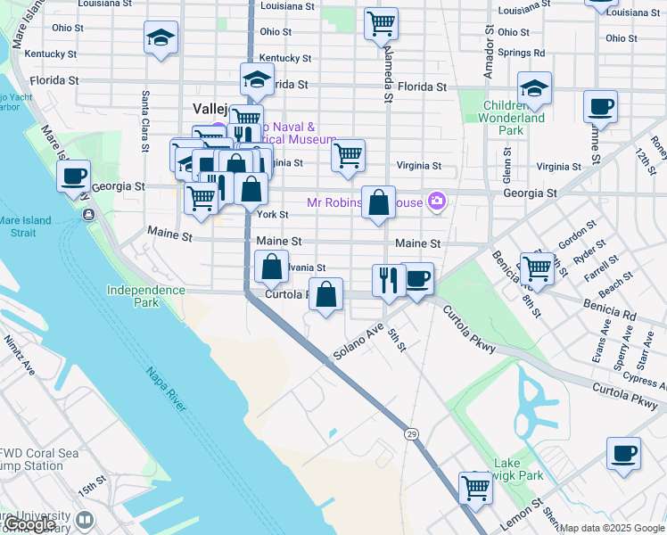 map of restaurants, bars, coffee shops, grocery stores, and more near 412 Napa Street in Vallejo