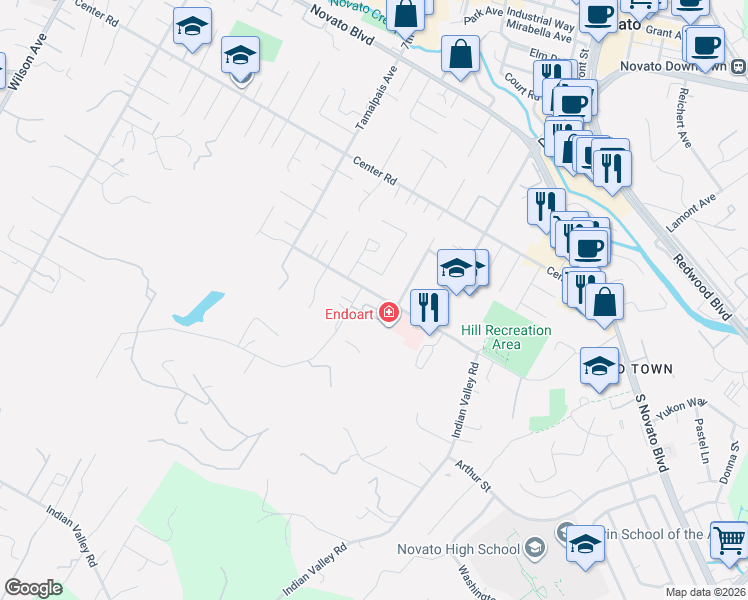 map of restaurants, bars, coffee shops, grocery stores, and more near 1632 Hill Road in Novato