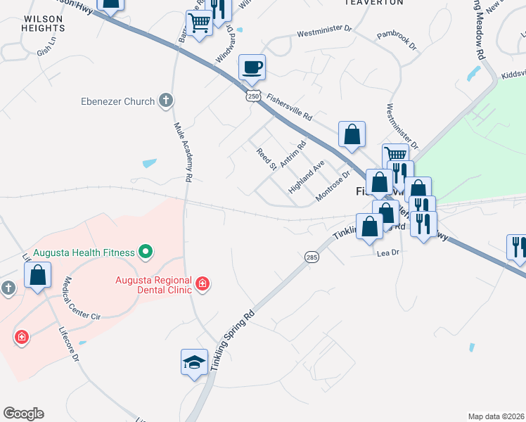 map of restaurants, bars, coffee shops, grocery stores, and more near 138 Montrose Drive in Fishersville
