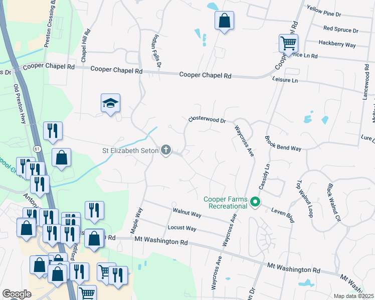 map of restaurants, bars, coffee shops, grocery stores, and more near 10225 Closterwood Drive in Louisville