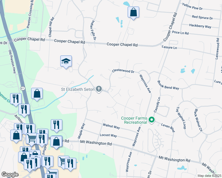 map of restaurants, bars, coffee shops, grocery stores, and more near 10225 Closterwood Drive in Louisville