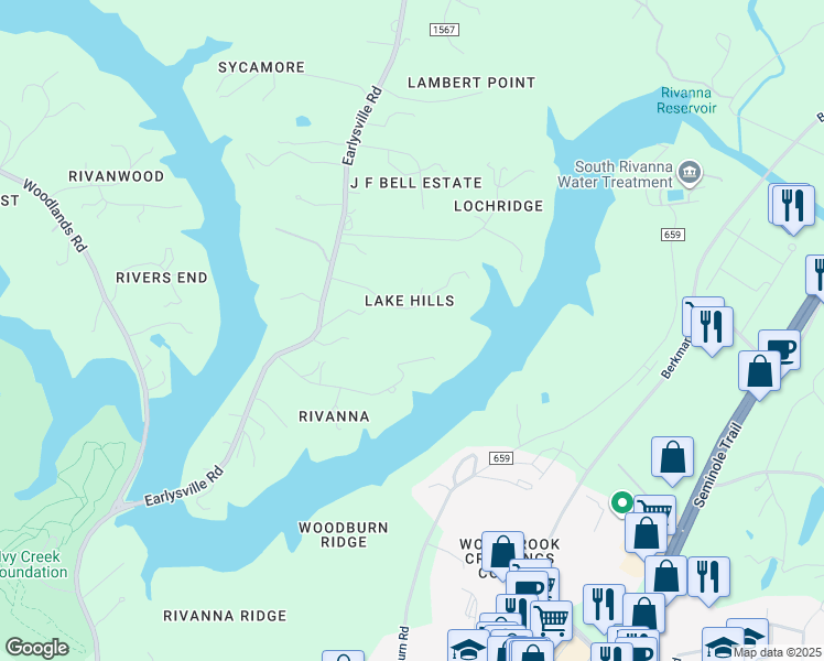 map of restaurants, bars, coffee shops, grocery stores, and more near 555 Milford Road in Earlysville