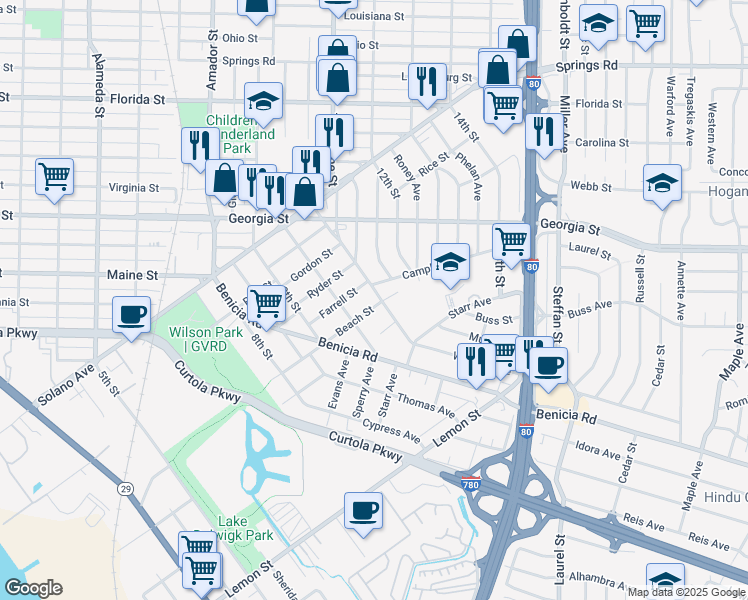 map of restaurants, bars, coffee shops, grocery stores, and more near 1434 Beach Street in Vallejo