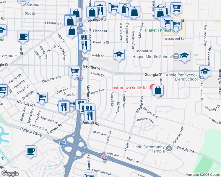 map of restaurants, bars, coffee shops, grocery stores, and more near 615 Laurel Street in Vallejo
