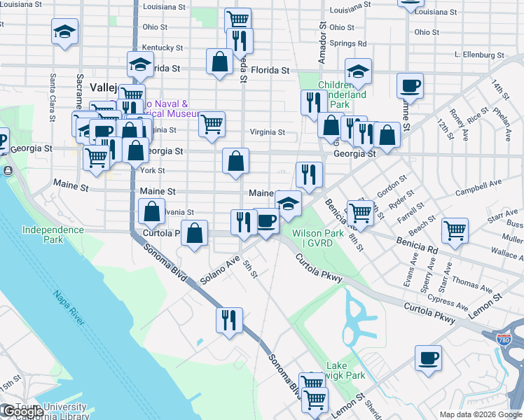 map of restaurants, bars, coffee shops, grocery stores, and more near 115 Monterey Street in Vallejo