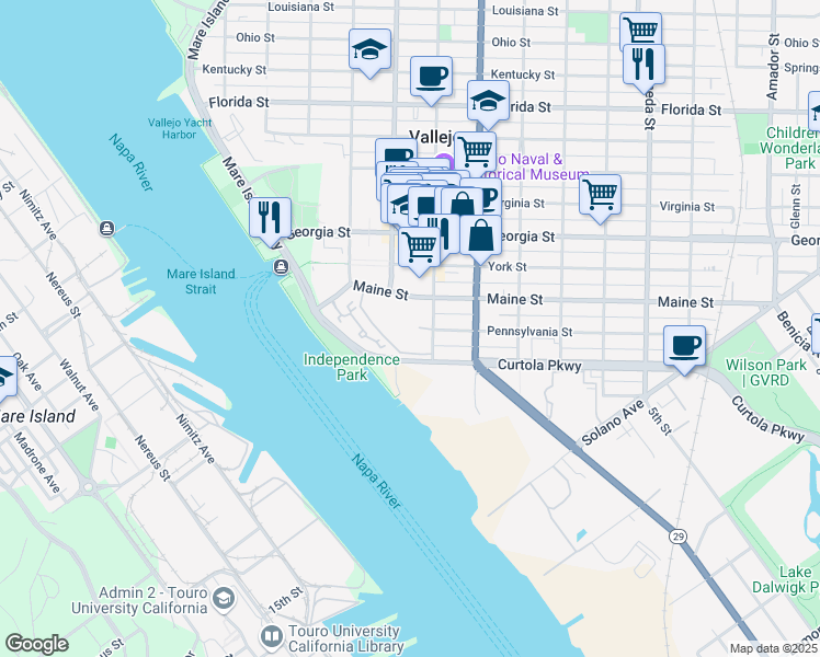 map of restaurants, bars, coffee shops, grocery stores, and more near 15 Marin Street in Vallejo