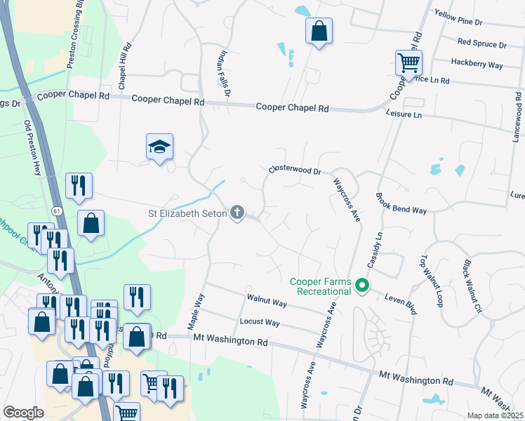 map of restaurants, bars, coffee shops, grocery stores, and more near 10413 Charleswood Road in Louisville