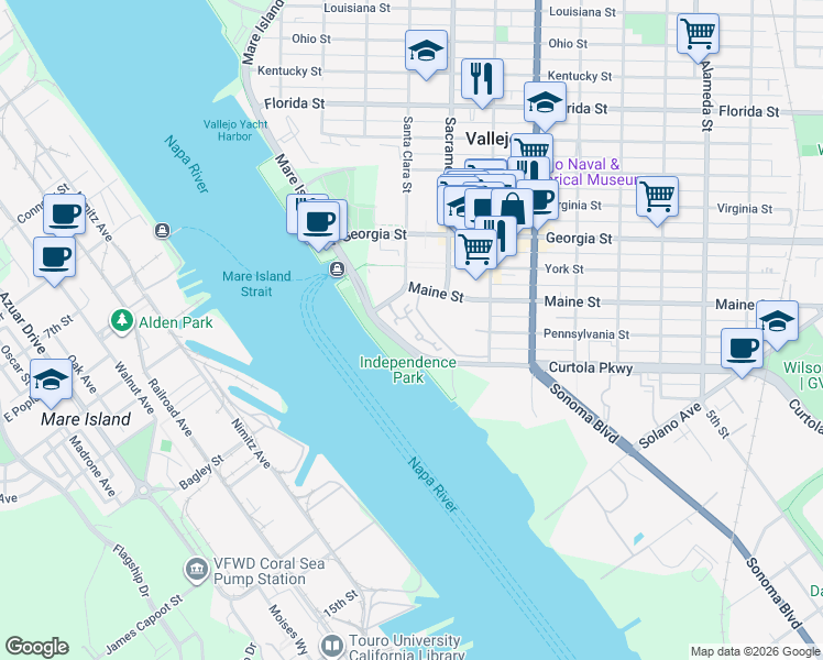 map of restaurants, bars, coffee shops, grocery stores, and more near 159 Nantucket Lane in Vallejo