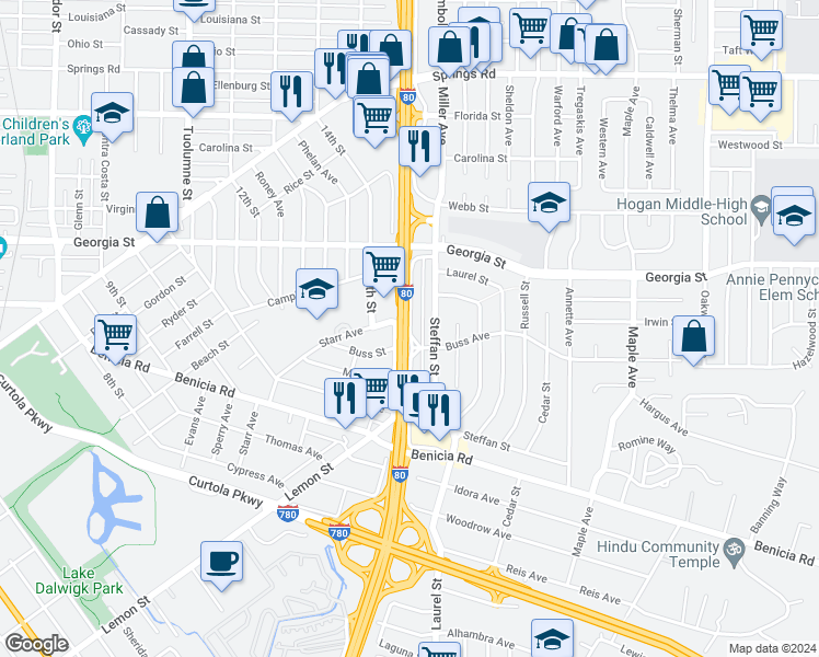 map of restaurants, bars, coffee shops, grocery stores, and more near 614 Lincoln Road East in Vallejo