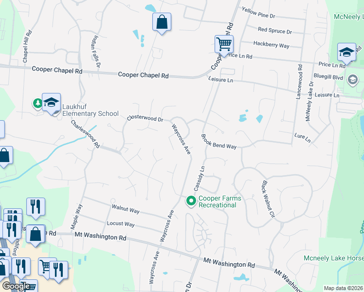 map of restaurants, bars, coffee shops, grocery stores, and more near 10220 Waycross Avenue in Louisville