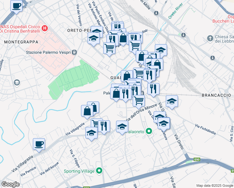 map of restaurants, bars, coffee shops, grocery stores, and more near Via Giovanni Gentile in Palermo