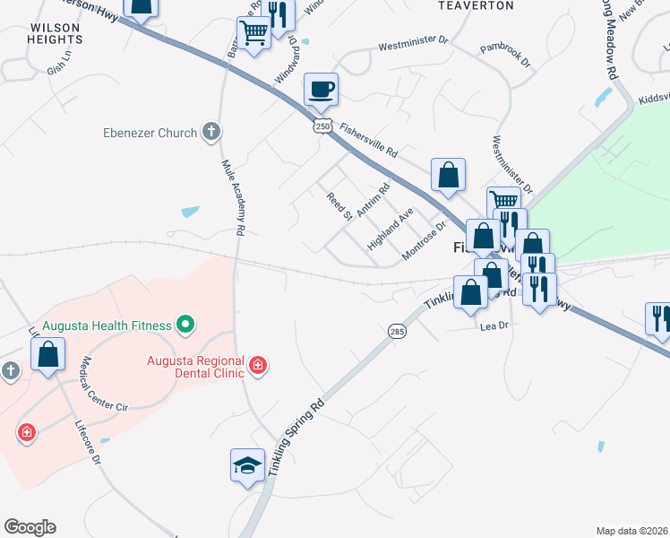 map of restaurants, bars, coffee shops, grocery stores, and more near 138 Montrose Drive in Fishersville