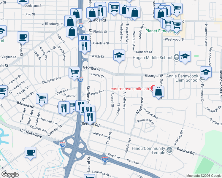 map of restaurants, bars, coffee shops, grocery stores, and more near 615 Laurel Street in Vallejo