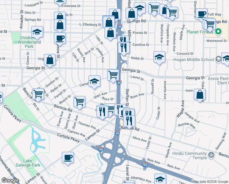 map of restaurants, bars, coffee shops, grocery stores, and more near 560 Starr Avenue in Vallejo