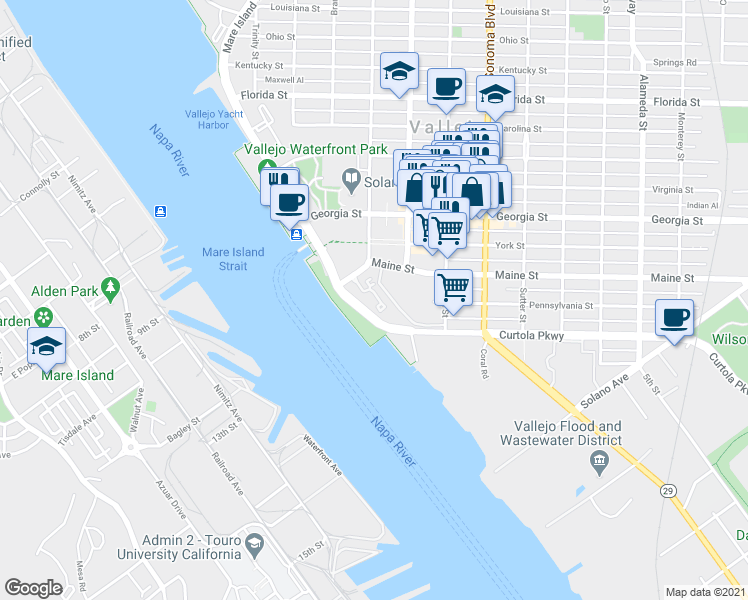 map of restaurants, bars, coffee shops, grocery stores, and more near 159 Nantucket Lane in Vallejo