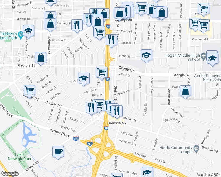 map of restaurants, bars, coffee shops, grocery stores, and more near 620 Lincoln Road East in Vallejo