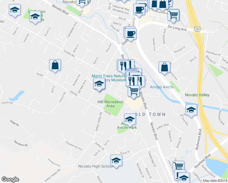 map of restaurants, bars, coffee shops, grocery stores, and more near 773 Plaza Linda in Novato