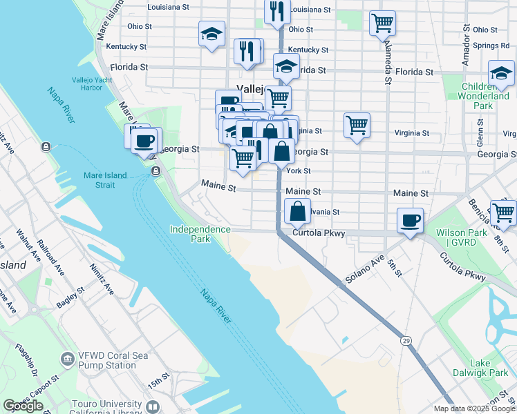 map of restaurants, bars, coffee shops, grocery stores, and more near 320 Pennsylvania Street in Vallejo