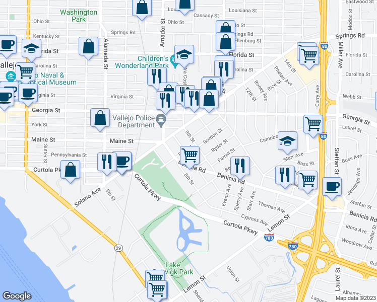 map of restaurants, bars, coffee shops, grocery stores, and more near 102 Chase Street in Vallejo
