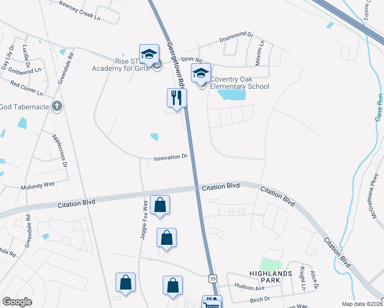 map of restaurants, bars, coffee shops, grocery stores, and more near 2400 Georgetown Road in Lexington