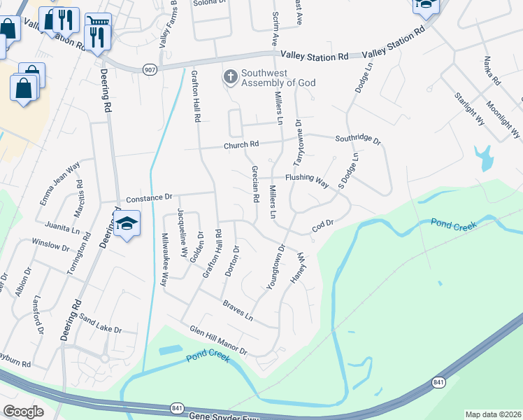 map of restaurants, bars, coffee shops, grocery stores, and more near 10789 Millers Lane in Louisville