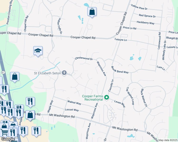 map of restaurants, bars, coffee shops, grocery stores, and more near 10206 1/2 Allentree Place in Louisville