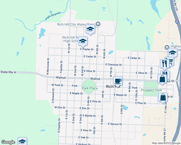 map of restaurants, bars, coffee shops, grocery stores, and more near 222 North 4th Street in Rich Hill