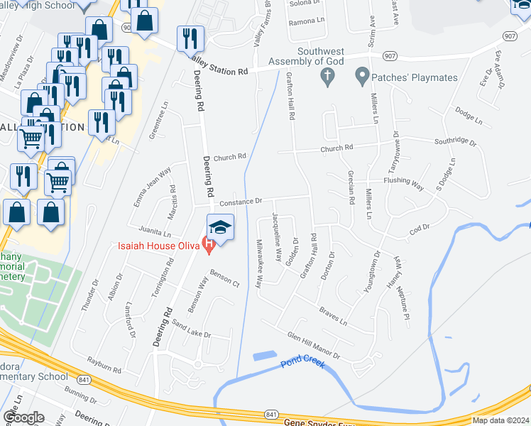map of restaurants, bars, coffee shops, grocery stores, and more near 10706 Milwaukee Way in Louisville