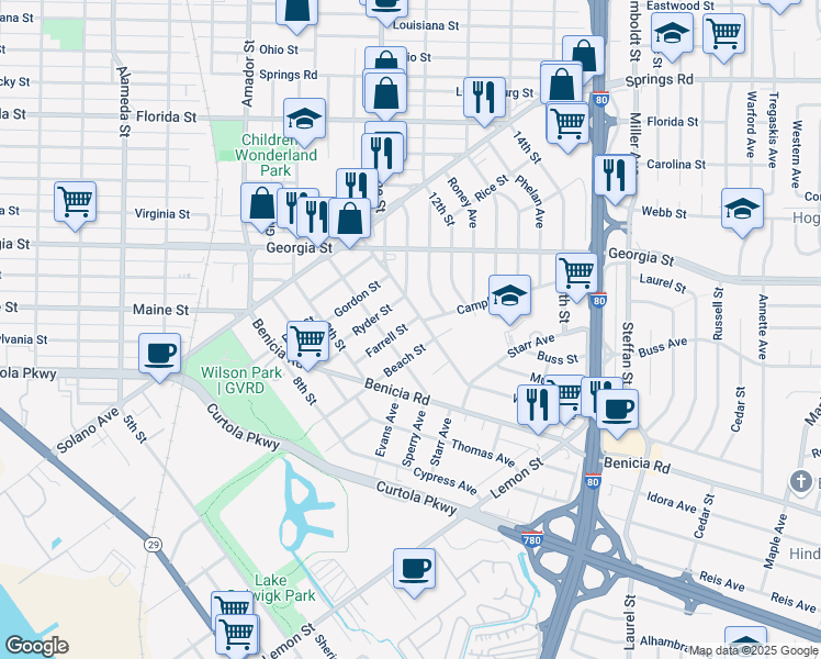 map of restaurants, bars, coffee shops, grocery stores, and more near 1427 Farrell Street in Vallejo