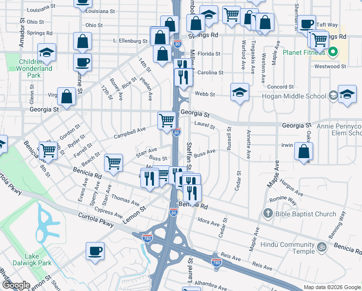 map of restaurants, bars, coffee shops, grocery stores, and more near 632 Lincoln Road East in Vallejo