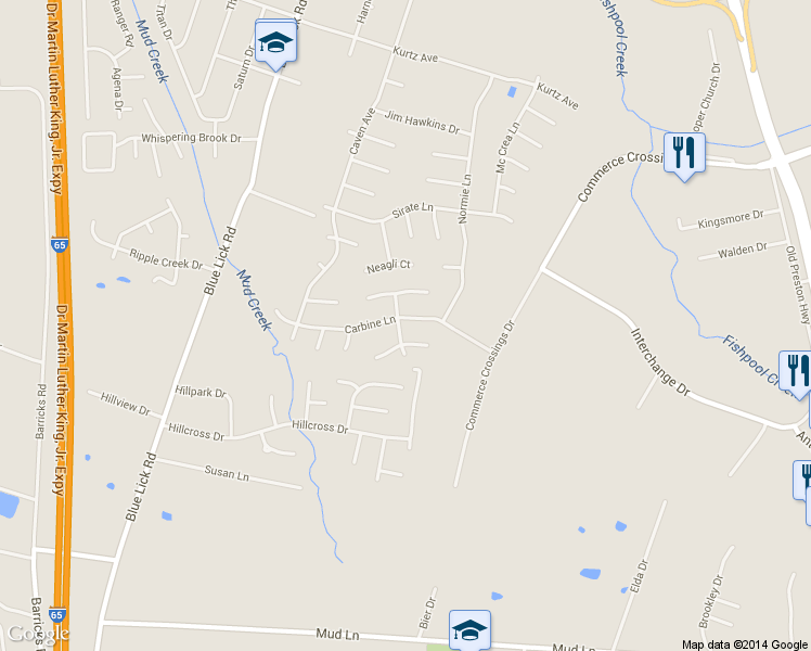 map of restaurants, bars, coffee shops, grocery stores, and more near 10201 Hispanyola Lane in Louisville