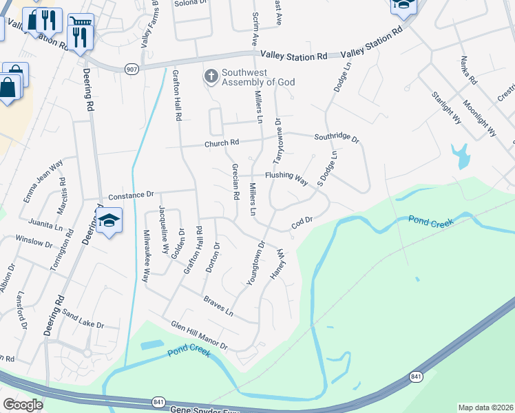 map of restaurants, bars, coffee shops, grocery stores, and more near 10789 Millers Lane in Louisville