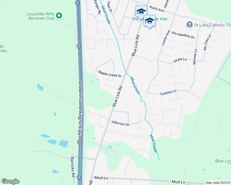 map of restaurants, bars, coffee shops, grocery stores, and more near 10212 Blue Lick Road in Louisville