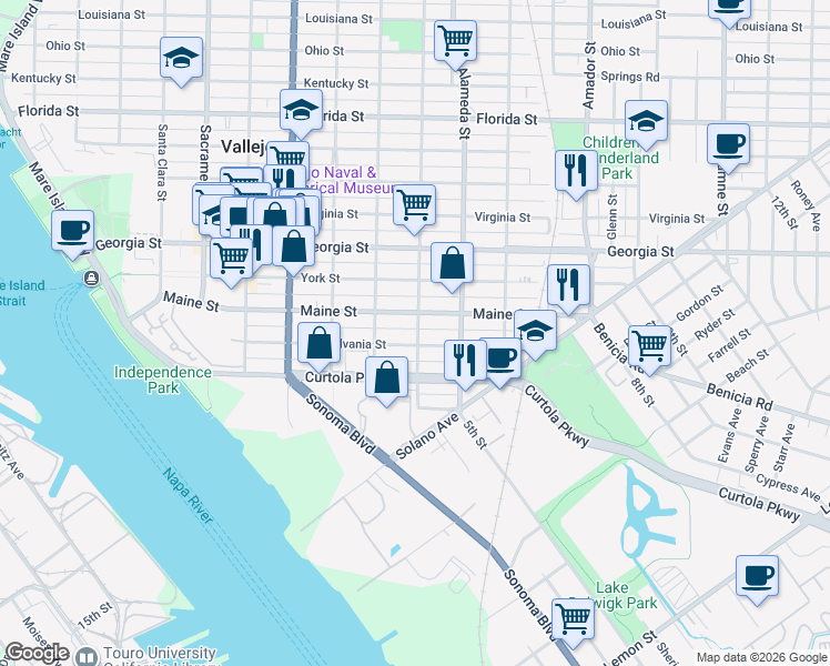 map of restaurants, bars, coffee shops, grocery stores, and more near 311 El Dorado Street in Vallejo