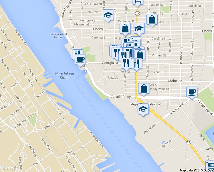 map of restaurants, bars, coffee shops, grocery stores, and more near 150 Nantucket Lane in Vallejo