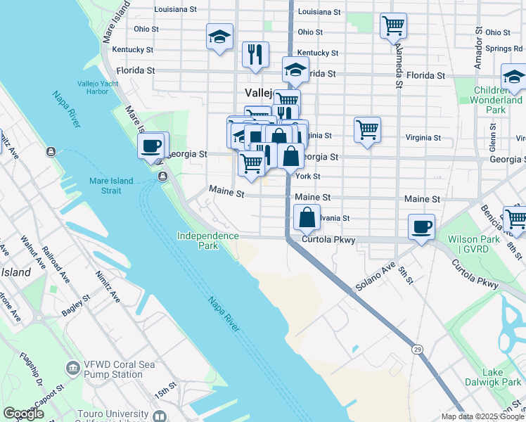 map of restaurants, bars, coffee shops, grocery stores, and more near 320 Pennsylvania Street in Vallejo