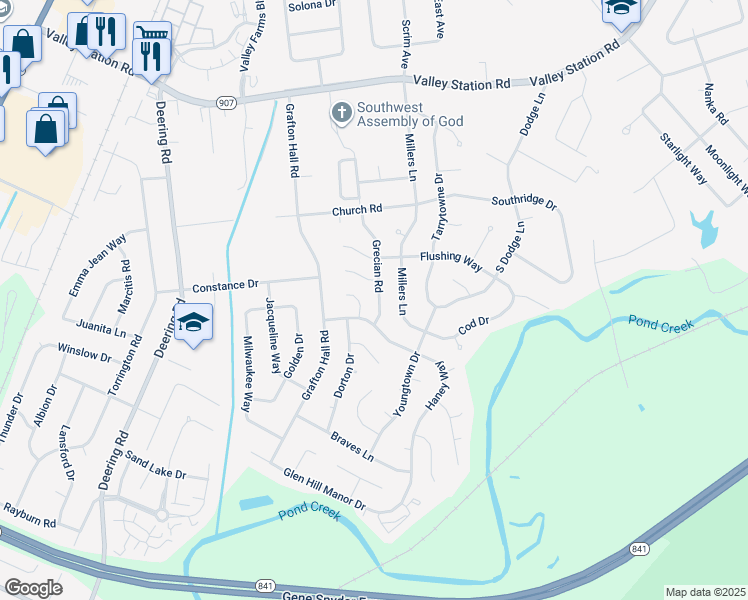 map of restaurants, bars, coffee shops, grocery stores, and more near 10708 Grecian Road in Louisville
