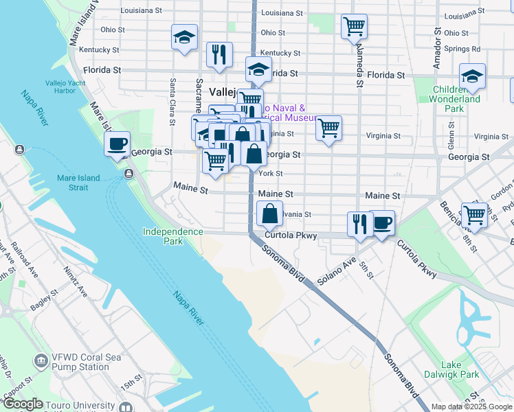 map of restaurants, bars, coffee shops, grocery stores, and more near 1412 Sonoma Boulevard in Vallejo