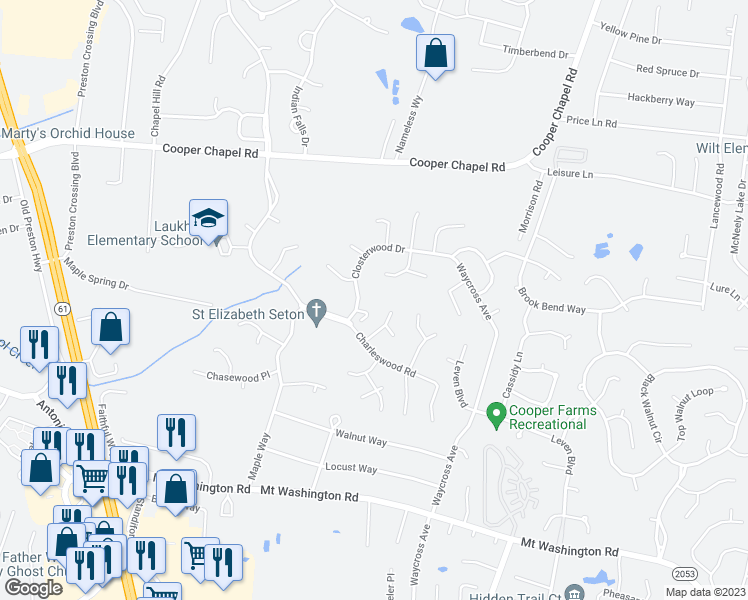 map of restaurants, bars, coffee shops, grocery stores, and more near 10225 Closterwood Drive in Louisville