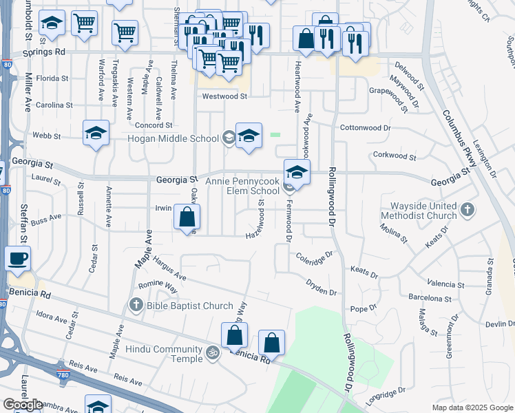 map of restaurants, bars, coffee shops, grocery stores, and more near 210 Baywood Drive in Vallejo