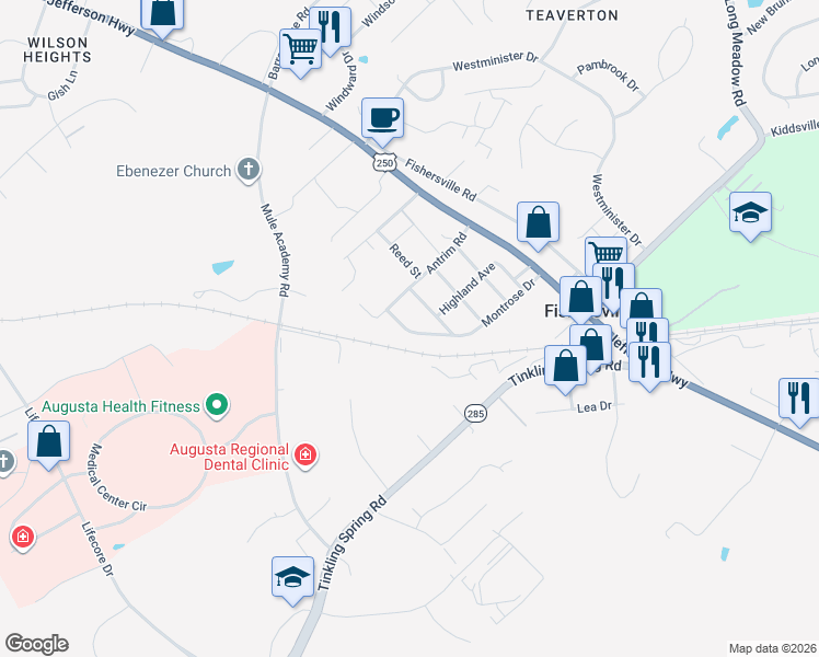 map of restaurants, bars, coffee shops, grocery stores, and more near 138 Montrose Drive in Fishersville